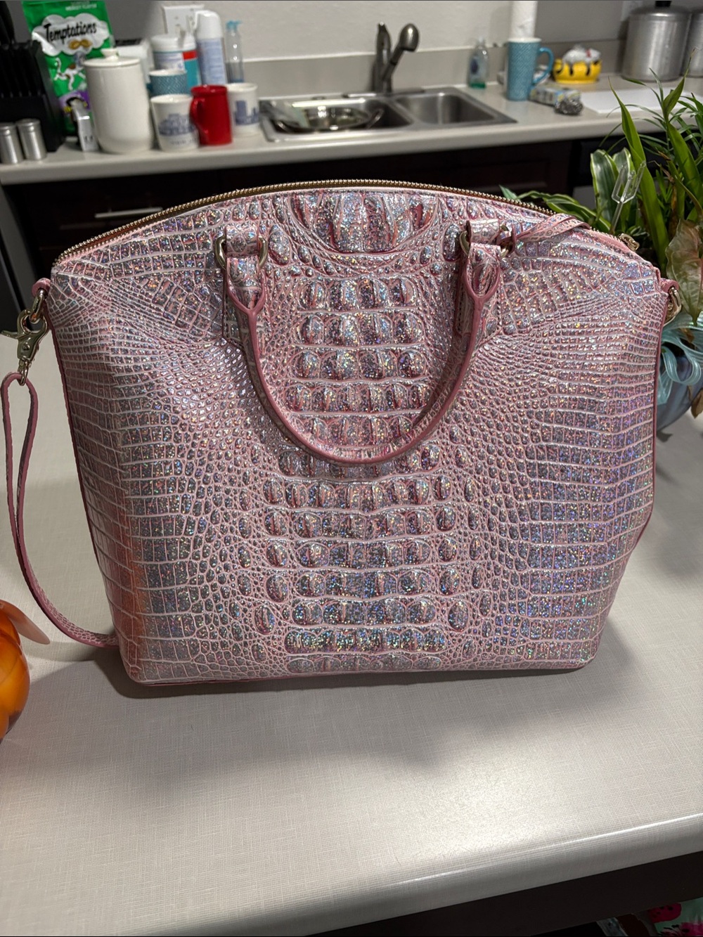 Brahmin Pink Iridescent Croc-Embossed Satchel